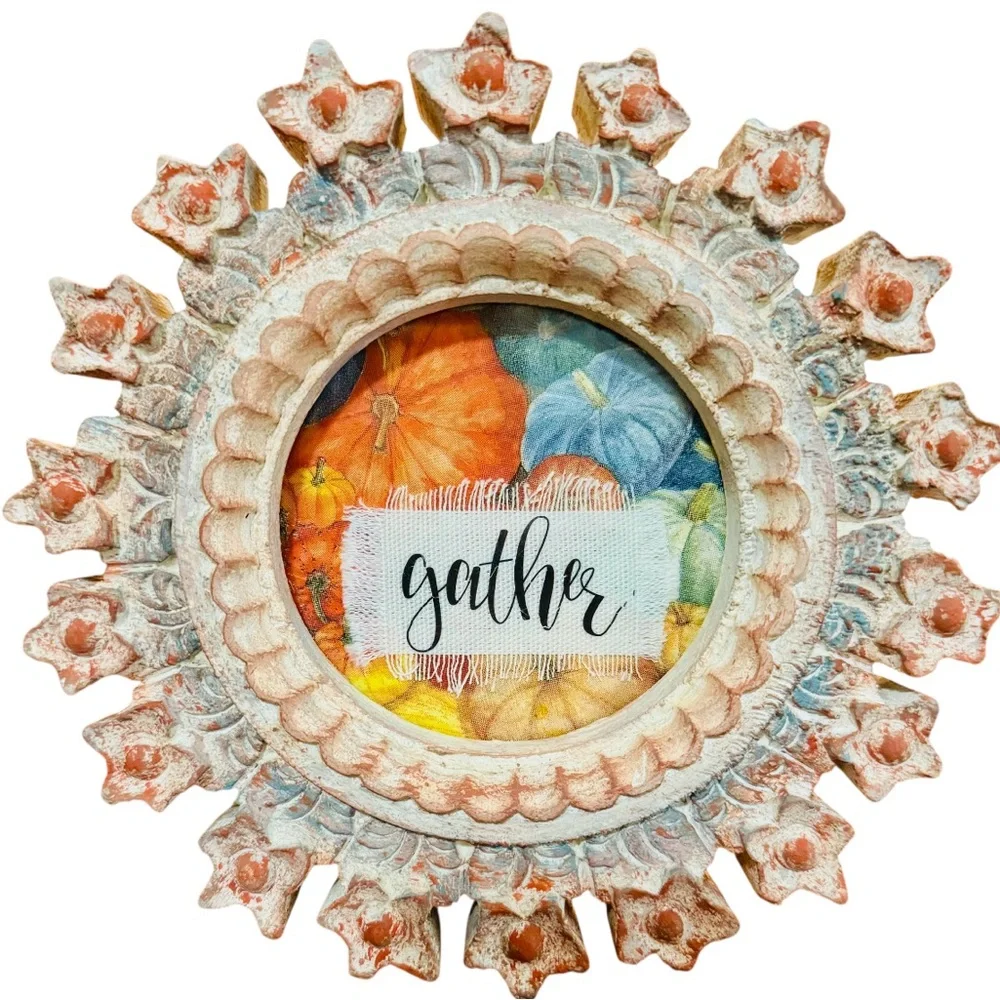 Hand crafted 7 inch tabletop carved stone artwork gather canvas pumpkins Boho